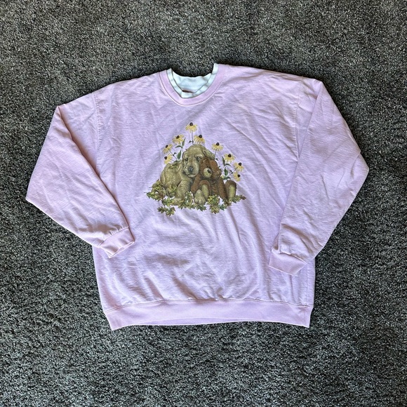 Pleasant Shade Tops - Pink Oversized Double Layered Teddy Puppy Graphic Crewneck Sweatshirt